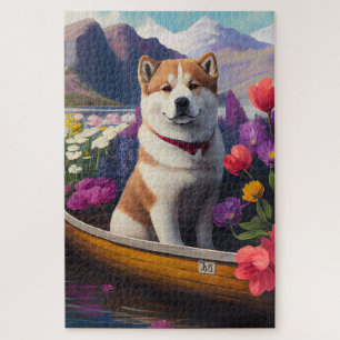 Akita Dog on a Paddle: Ein Landschaftliches Abente Puzzle