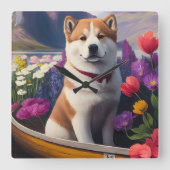 Akita Dog on a Paddle: Ein Landschaftliches Abente Quadratische Wanduhr (Vorderseite)