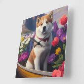 Akita Dog on a Paddle: Ein Landschaftliches Abente Quadratische Wanduhr (Winkel)
