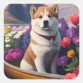 Akita Dog on a Paddle: Ein Landschaftliches Abente Quadratischer Aufkleber (Vorderseite)