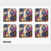 Akita Dog on a Paddle: Ein Landschaftliches Abente Quadratischer Aufkleber (Blatt)