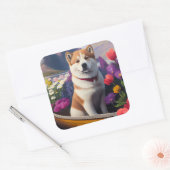 Akita Dog on a Paddle: Ein Landschaftliches Abente Quadratischer Aufkleber (Umschlag)