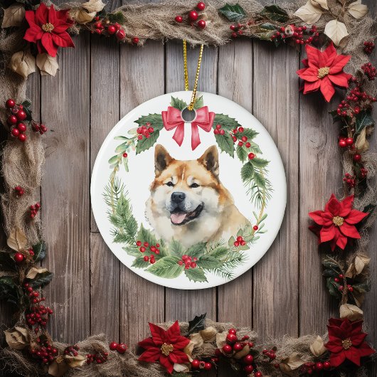Akita Dog Red Bow Holly Wreath Keramik Ornament