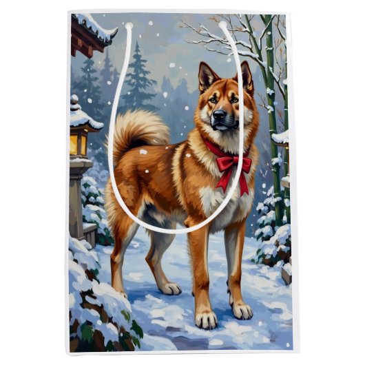 Akita Dog Serene Japanese Winter Christmas Mittlere Geschenktüte (Vorderseite)