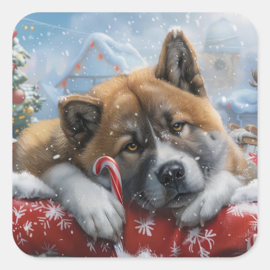 Akita Dog Weihnachtsfest Quadratischer Aufkleber (Vorderseite)