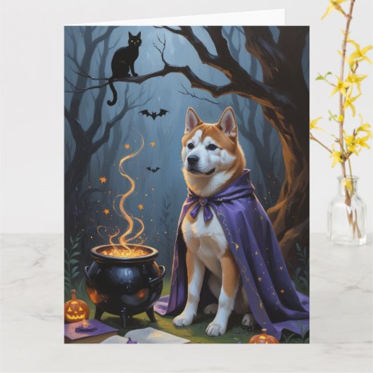 Akita Dog Whimsical Halloween Malerei Karte (Gelbe Blume)