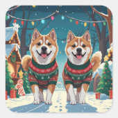 Akita Dogs Christmas Snow Holiday Quadratischer Aufkleber (Vorderseite)