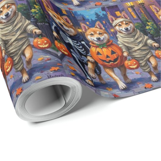 Akita Dogs Trick-or-Treating in Halloween-Kostümen Geschenkpapier (Rolleneckpunkt)