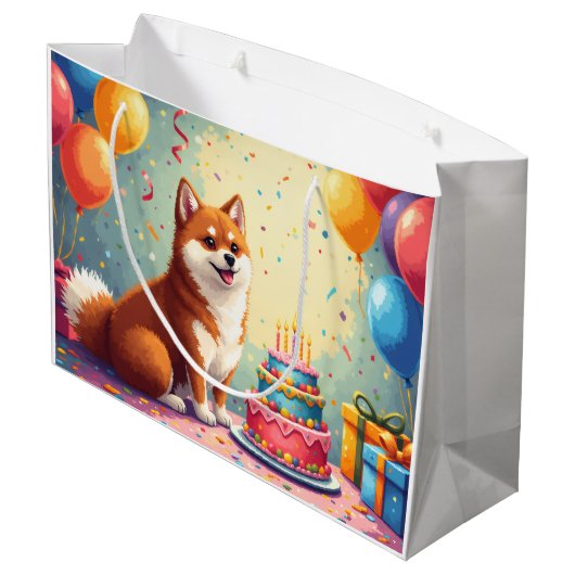 Akita-Geburtstagsfeier-Gemälde Große Geschenktüte (Rückseite Schrägansicht)