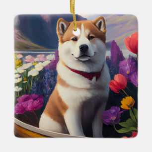 Akita-Hund auf einem Paddel: Ein landschaftliches Keramikornament