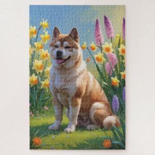 Akita-Hund-Frühlingsblumen-Gemälde Puzzle