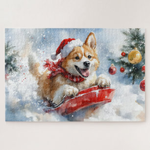 Akita-Hund im Schlitten Lass es schneien Weihnacht Puzzle