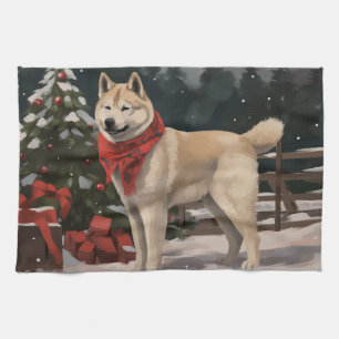 Akita-Hund im Schnee Weihnachten Geschirrtuch