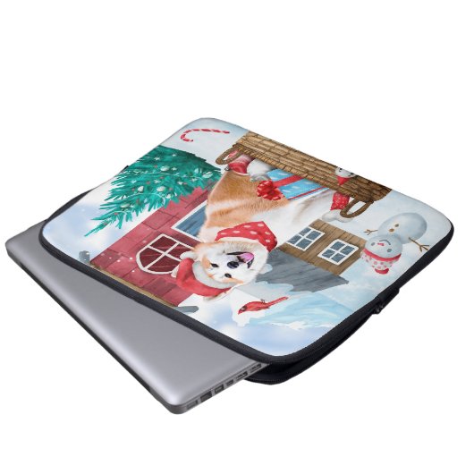 Akita Hund im Schnee Weihnachts-Hundehaus Laptopschutzhülle (Vorne Knopf)