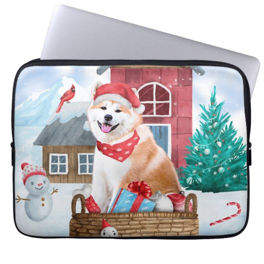 Akita Hund im Schnee Weihnachts-Hundehaus Laptopschutzhülle (Vorderseite)