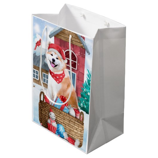 Akita Hund im Schnee Weihnachts-Hundehaus Mittlere Geschenktüte (Rückseite Schrägansicht)