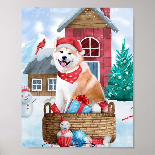 Akita Hund im Schnee Weihnachts-Hundehaus Poster (Vorne)