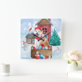 Akita Hund im Schnee Weihnachts-Hundehaus Quadratische Wanduhr (Zuhause)