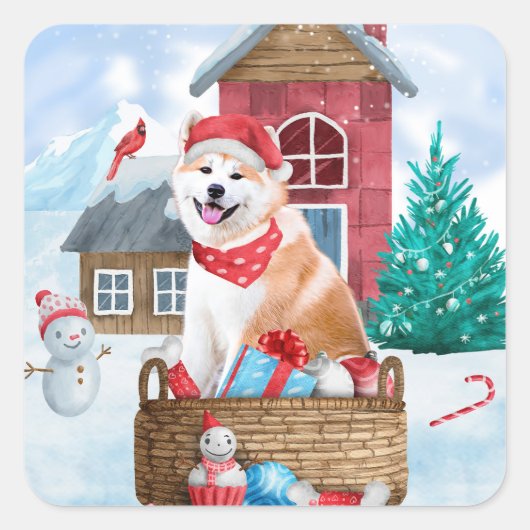 Akita Hund im Schnee Weihnachts-Hundehaus Quadratischer Aufkleber (Vorderseite)