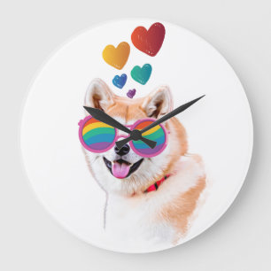 Akita Hund mit Herzen Valentinstag  Große Wanduhr