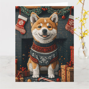 Akita-Hund mit Weihnachtsgeschenken am Kamin Karte