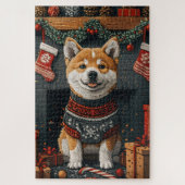 Akita Hund mit Weihnachtsgeschenken Feuerplatz Puzzle (Vertikal)