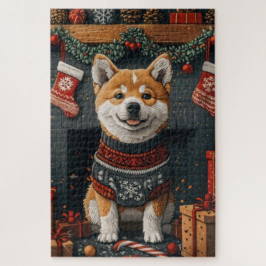 Akita Hund mit Weihnachtsgeschenken Feuerplatz Puzzle (Vertikal)