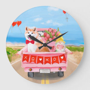 Akita-Hund Valentinstag-Lieferwagen Herzen  Große Wanduhr