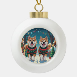Akita Hunde Weihnachten Schnee Feiertag Keramik Kugel-Ornament