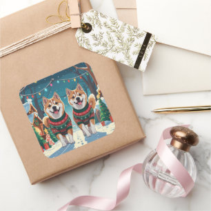 Akita Hunde Weihnachten Schnee Feiertag Quadratischer Aufkleber