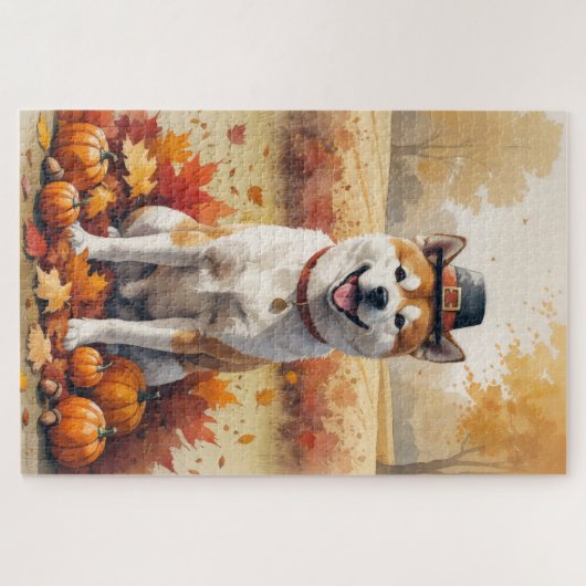 Akita im Herbst hinterlässt Erntedank Kunst Puzzle (Horizontal)