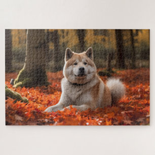 Akita im Herbst, inspiriert von fallenden Blättern Puzzle
