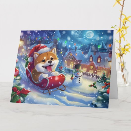 Akita in Sleigh Snow Weihnachten Karte (Gelbe Blume)