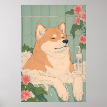 Akita Inu Bathroom Print Funny Dog in Bathtub in