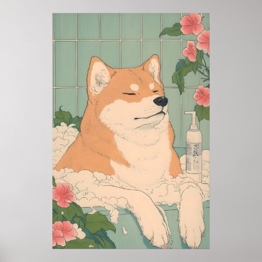 Akita Inu Bathroom Print Funny Dog in Bathtub Poster (Vorne)