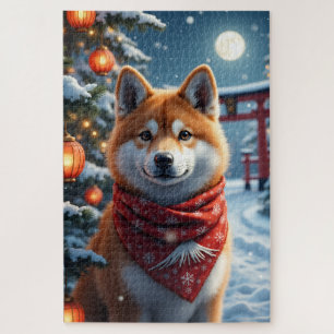 Akita Japanisches Weihnachten Winterporträt Kunst Puzzle