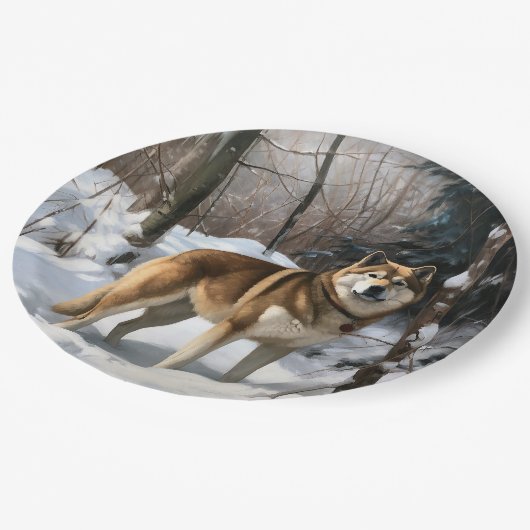 Akita Let It Schnee Weihnachten Pappteller (Schrägansicht)