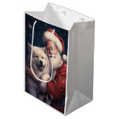 Akita mit dem Weihnachtsmann Weihnachten Mittlere Geschenktüte (Vorderseite Schrägansicht)