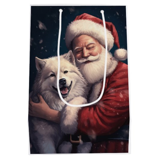 Akita mit dem Weihnachtsmann Weihnachten Mittlere Geschenktüte (Rückseite)