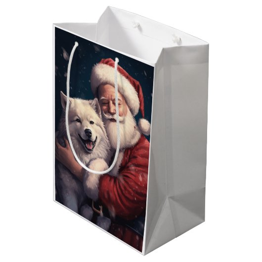 Akita mit dem Weihnachtsmann Weihnachten Mittlere Geschenktüte (Rückseite Schrägansicht)