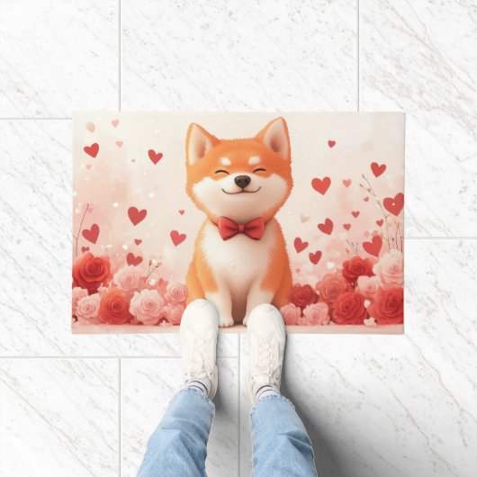 Akita mit Rose - Valentinstag Fußmatte (Indoor)