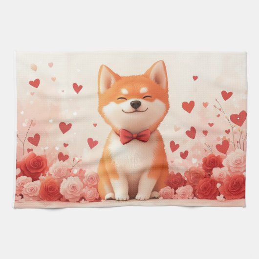 Akita mit Rose - Valentinstag Geschirrtuch (Horizontal)