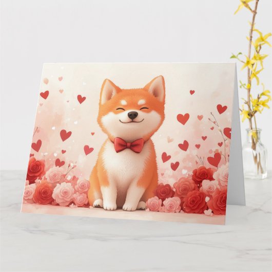 Akita mit Rose - Valentinstag Karte (Gelbe Blume)