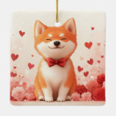 Akita mit Rose - Valentinstag Keramikornament (Rückseite)