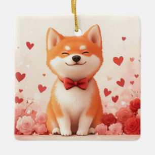 Akita mit Rosen - Valentinstag Keramikornament