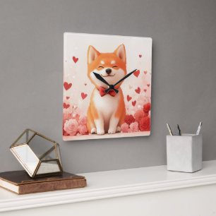 Akita mit Rosen - Valentinstag  Quadratische Wanduhr