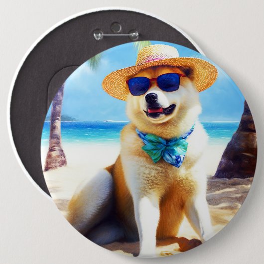 Akita on Beach, Sommergeschenk für Hundefreunde Ge Button (Vorne & Hinten)