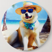 Akita on Beach, Sommergeschenk für Hundefreunde Ge Button (Vorderseite)