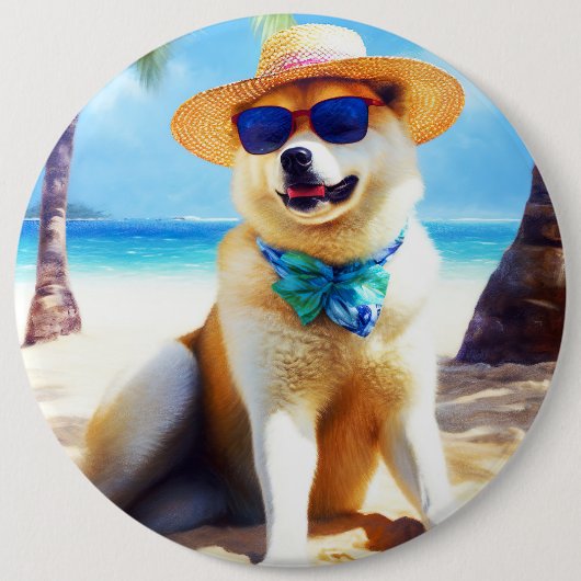 Akita on Beach, Sommergeschenk für Hundefreunde Ge Button (Vorderseite)