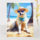 Akita on Beach, Sommergeschenk für Hundefreunde Ge Karte (Gelbe Blume)